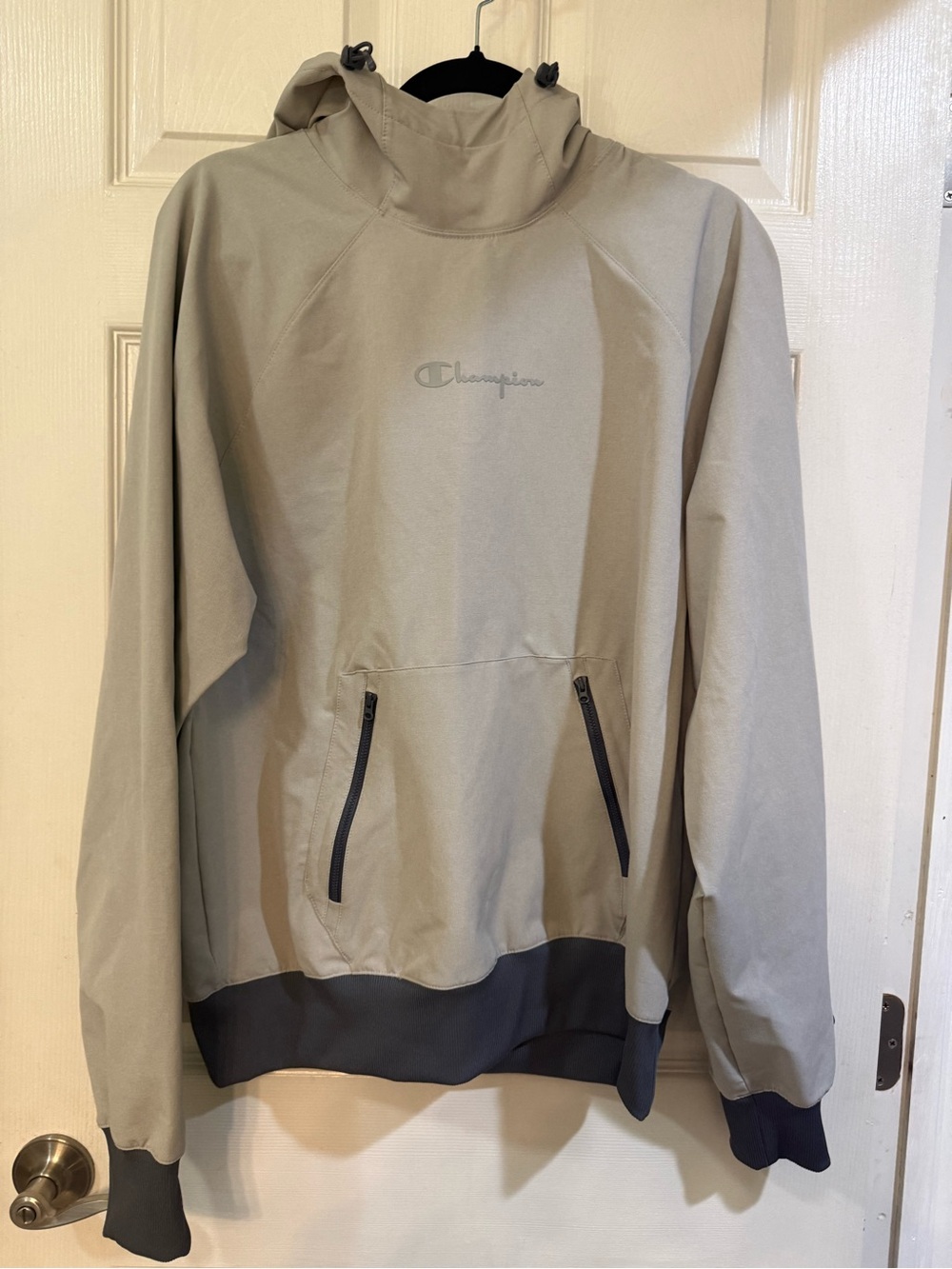 Champion Men's Hooded Windbreaker Jacket in Light Beige with Dark Trim